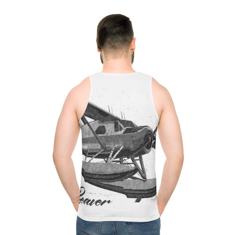 Dehavilland DHC-2 Beaver floatplane sketch on unisex tank top - men back