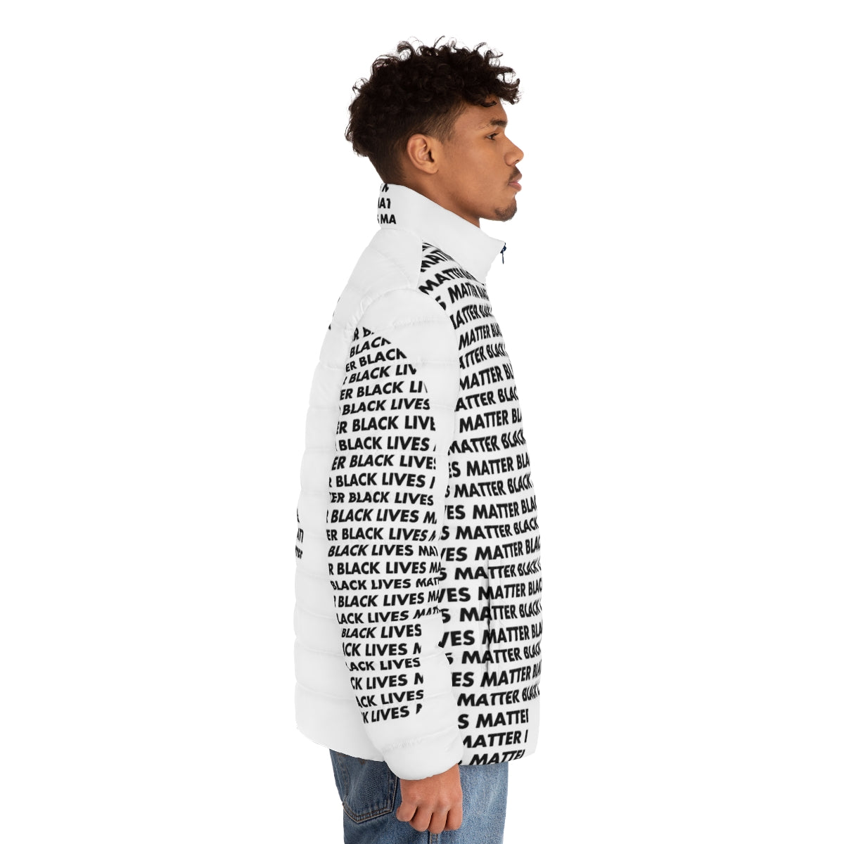 White puffer jacket with "BLM" printed in black - men side right