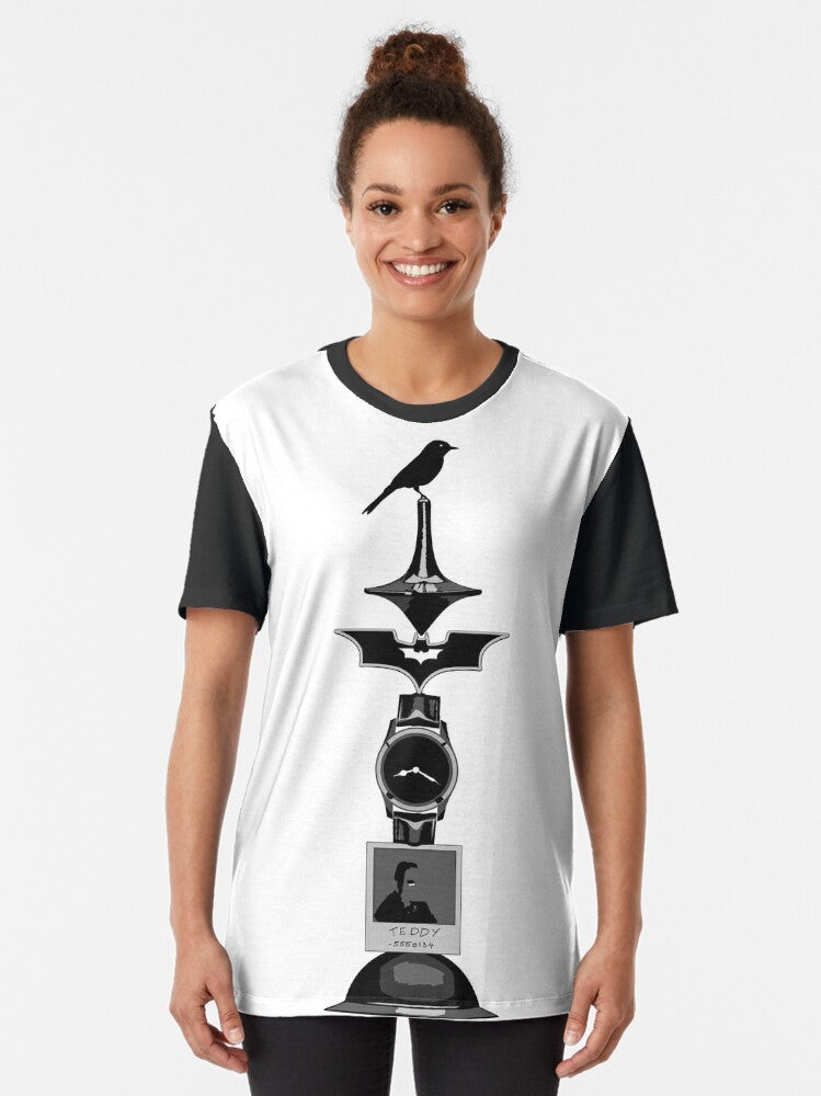 Graphic T-Shirt featuring a black and white sketch illustration of Christopher Nolan's filmography - Women