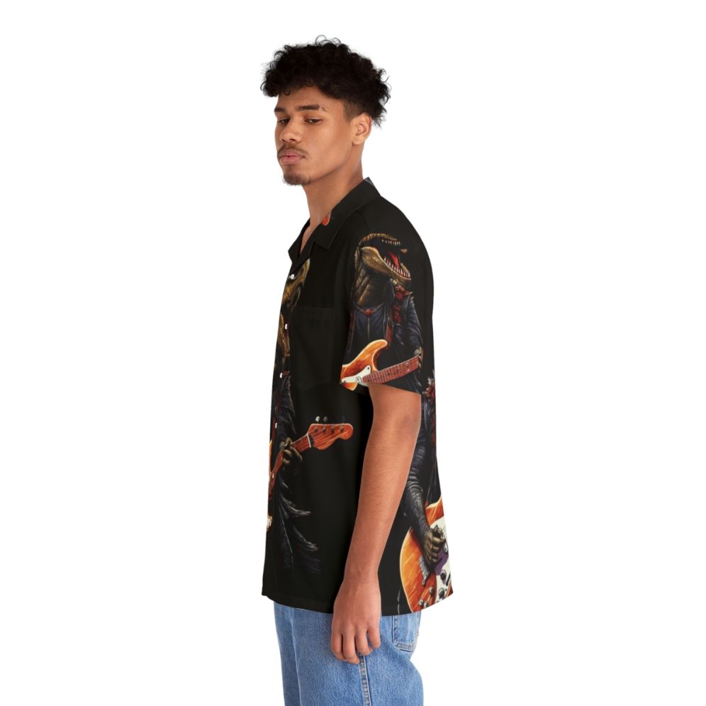 Dinosaur playing guitar graphic on a colorful Hawaiian-style shirt - People Left