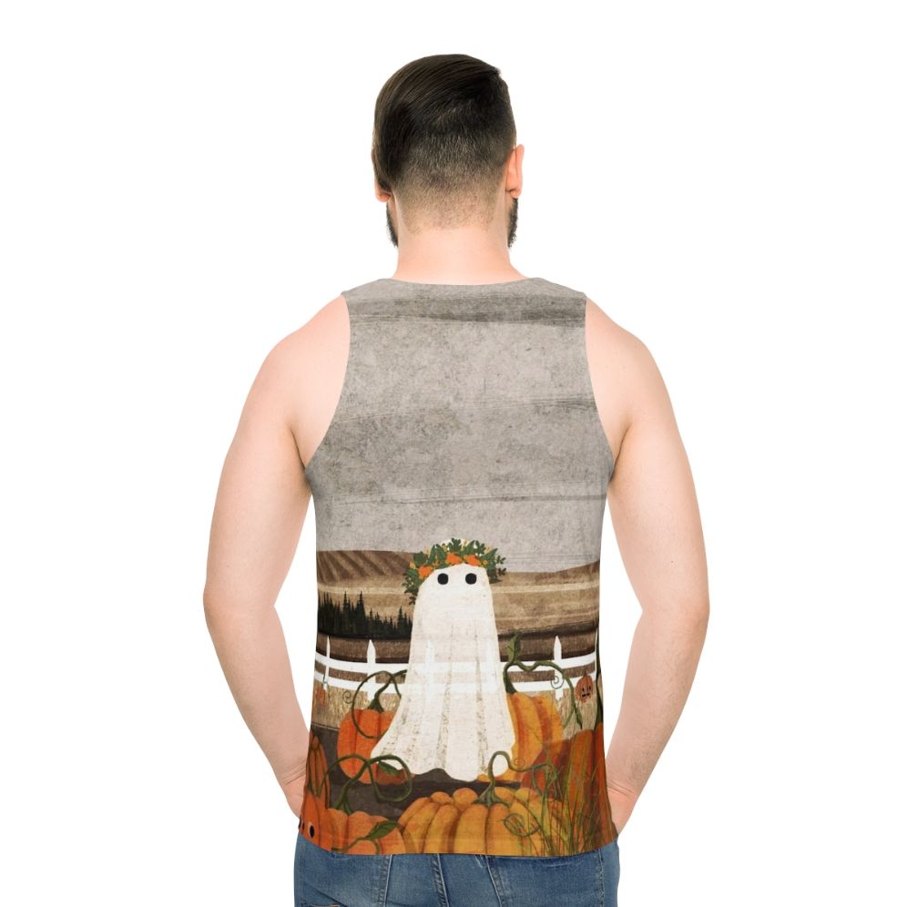 Unisex tank top with vintage pumpkins patch and ghost design - men back