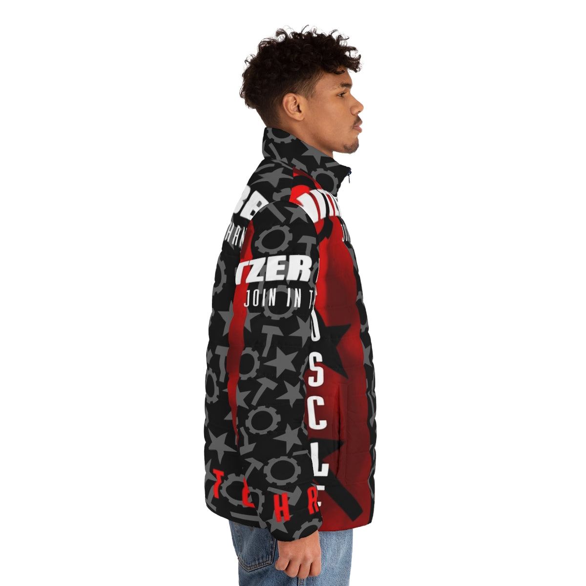 Nitzer Ebb inspired puffer jacket with "Join In The Chant" design - men side right