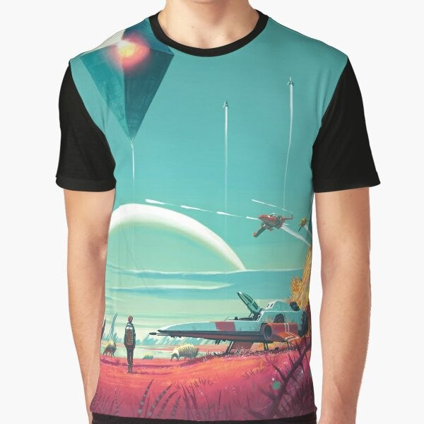 No Man's Sky Horizon Graphic T-Shirt, featuring a space-themed design with a spaceship and galaxy