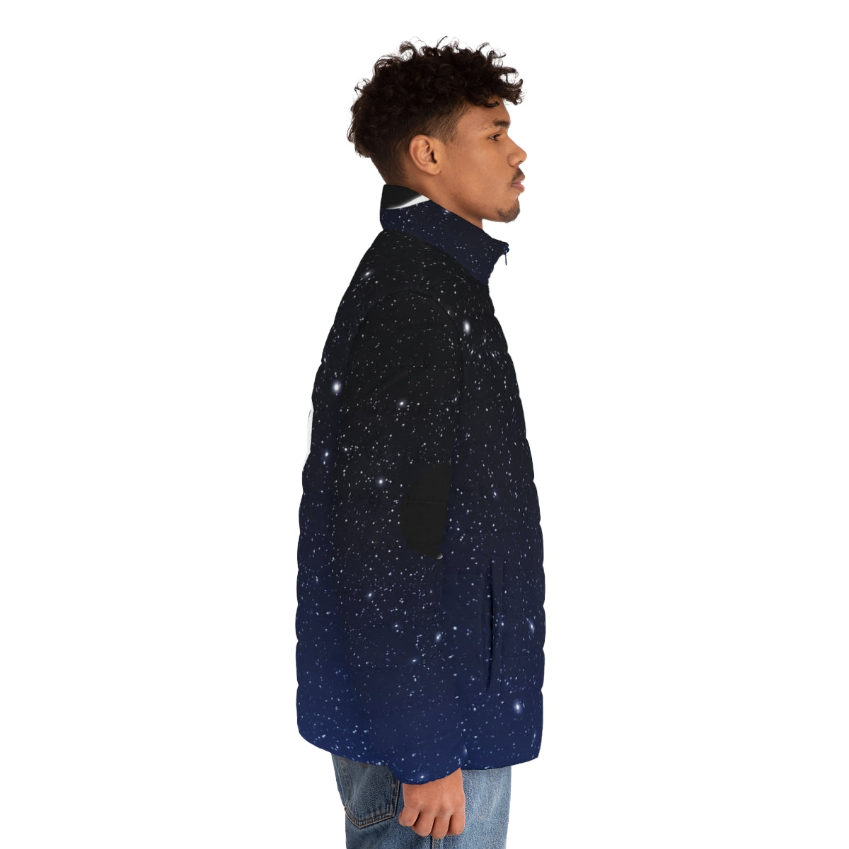 Midnight blue puffer jacket featuring a starry night sky and crescent moon design - men side right