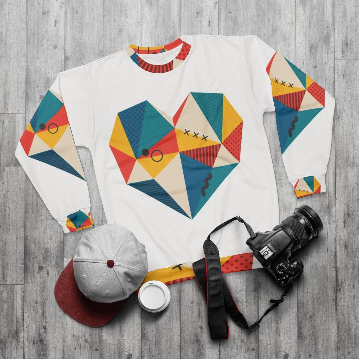 Retro heart geometric design sweatshirt - flat lay