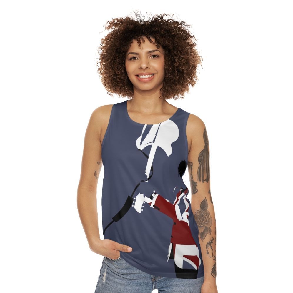 Unisex tank top with minimalist art of Pete Townshend's smashing guitar - women