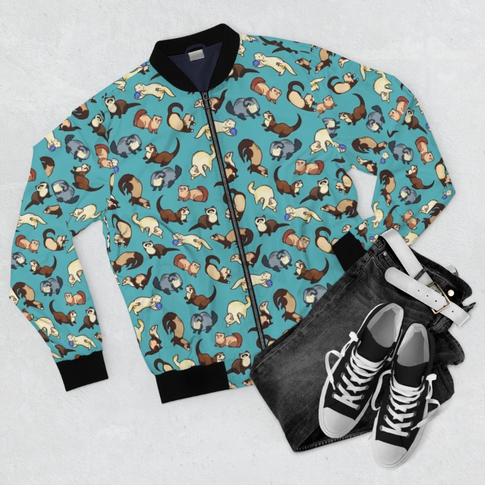 A blue bomber jacket with a cute ferret pattern design - Flat lay