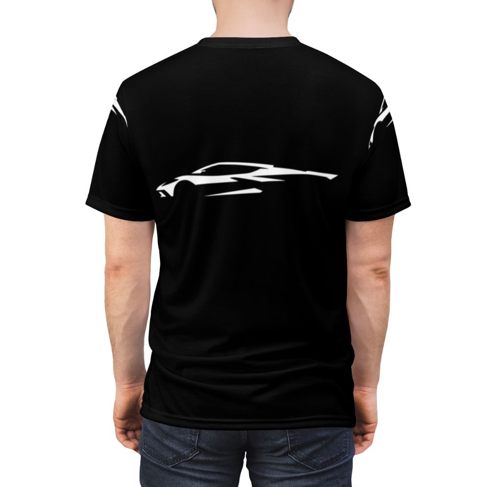 Chevrolet Corvette C8 inspired silhouette design on a white t-shirt - men back