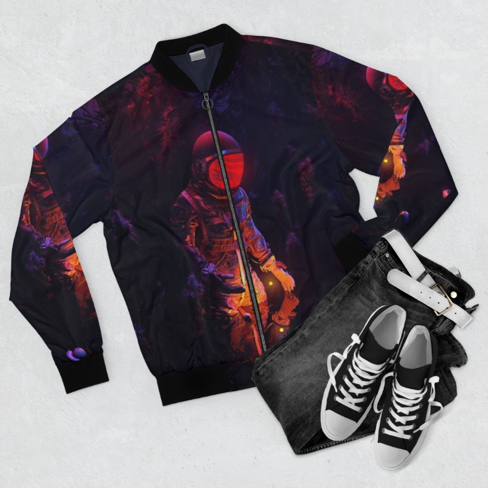 Stellar bomber jacket with cosmic, surreal design featuring planets, stars, and sun - Flat lay