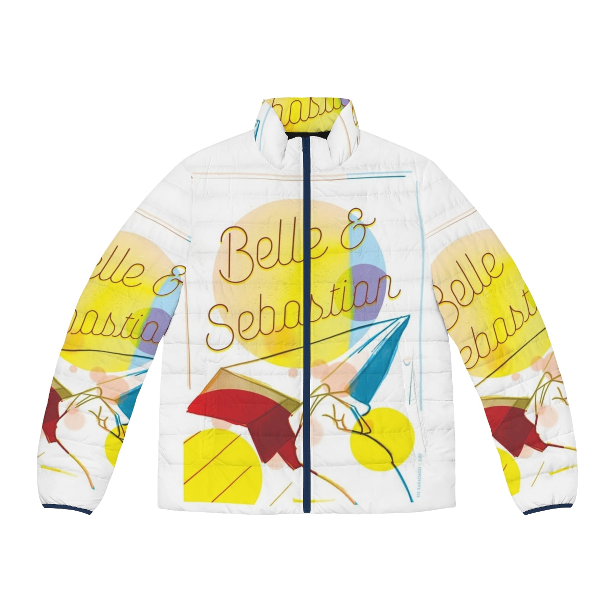 Vibrant puffer jacket featuring the iconic indie band Belle and Sebastian