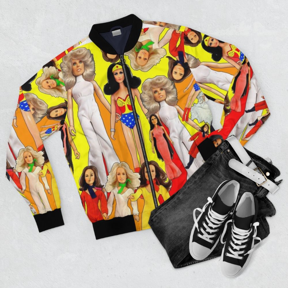 Retro 70s bomber jacket with a colorful and glamorous design - Flat lay