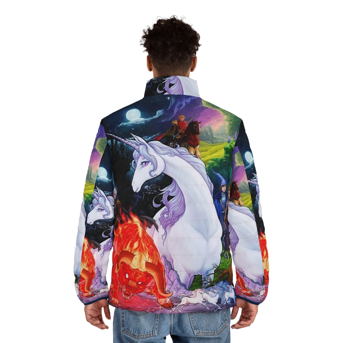 The Last Unicorn puffer jacket with fantasy and magical creature design - men back