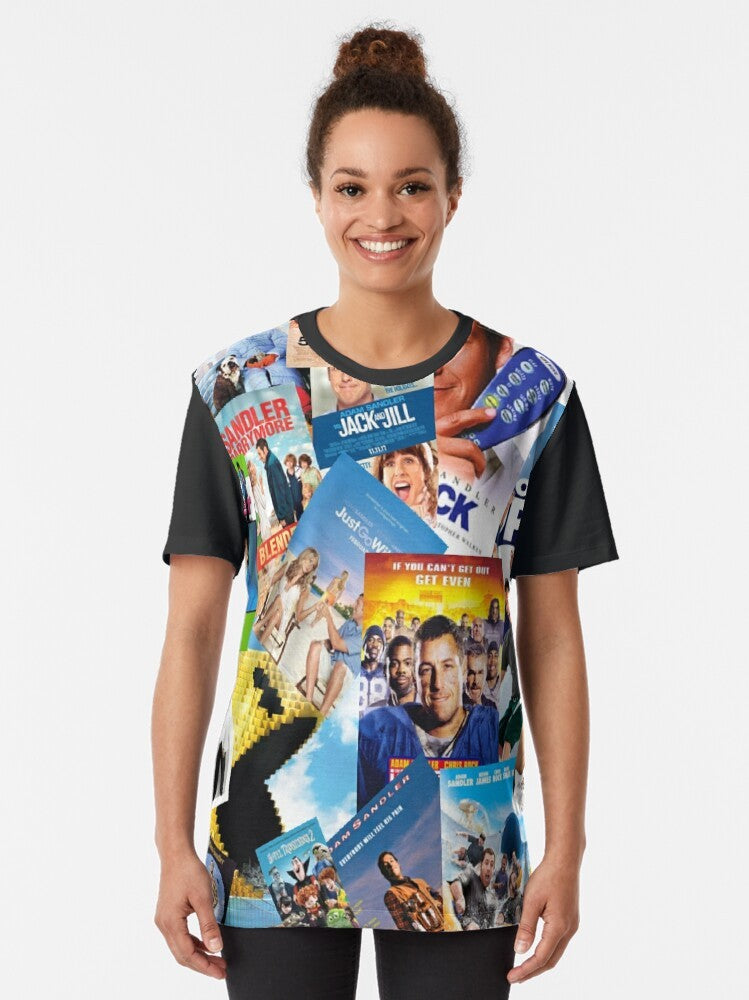 Adam Sandler graphic t-shirt featuring a collage design with references to his popular movies and characters - Women