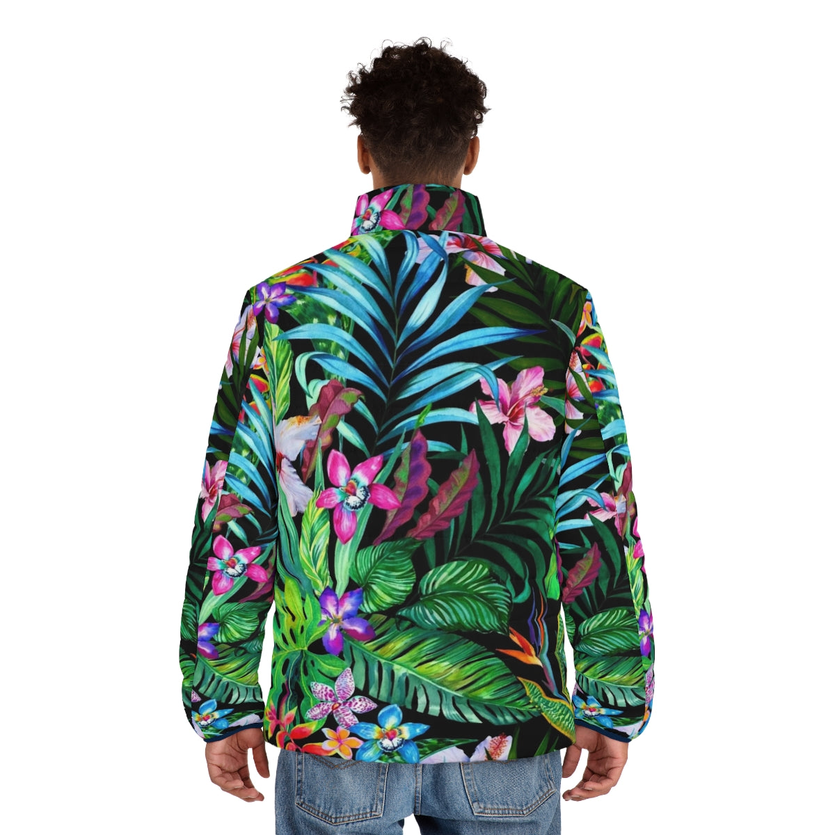 Tropical Fest Puffer Jacket with vibrant floral and leaf pattern - men back