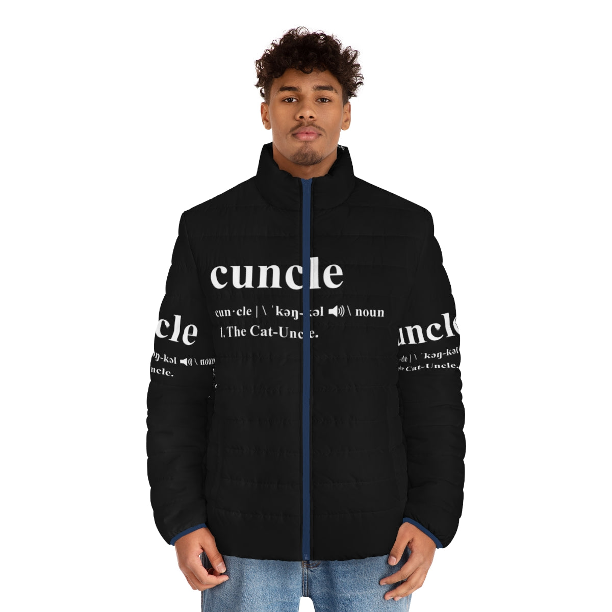 Cat uncle cuncle wearing a cozy puffer jacket - men front