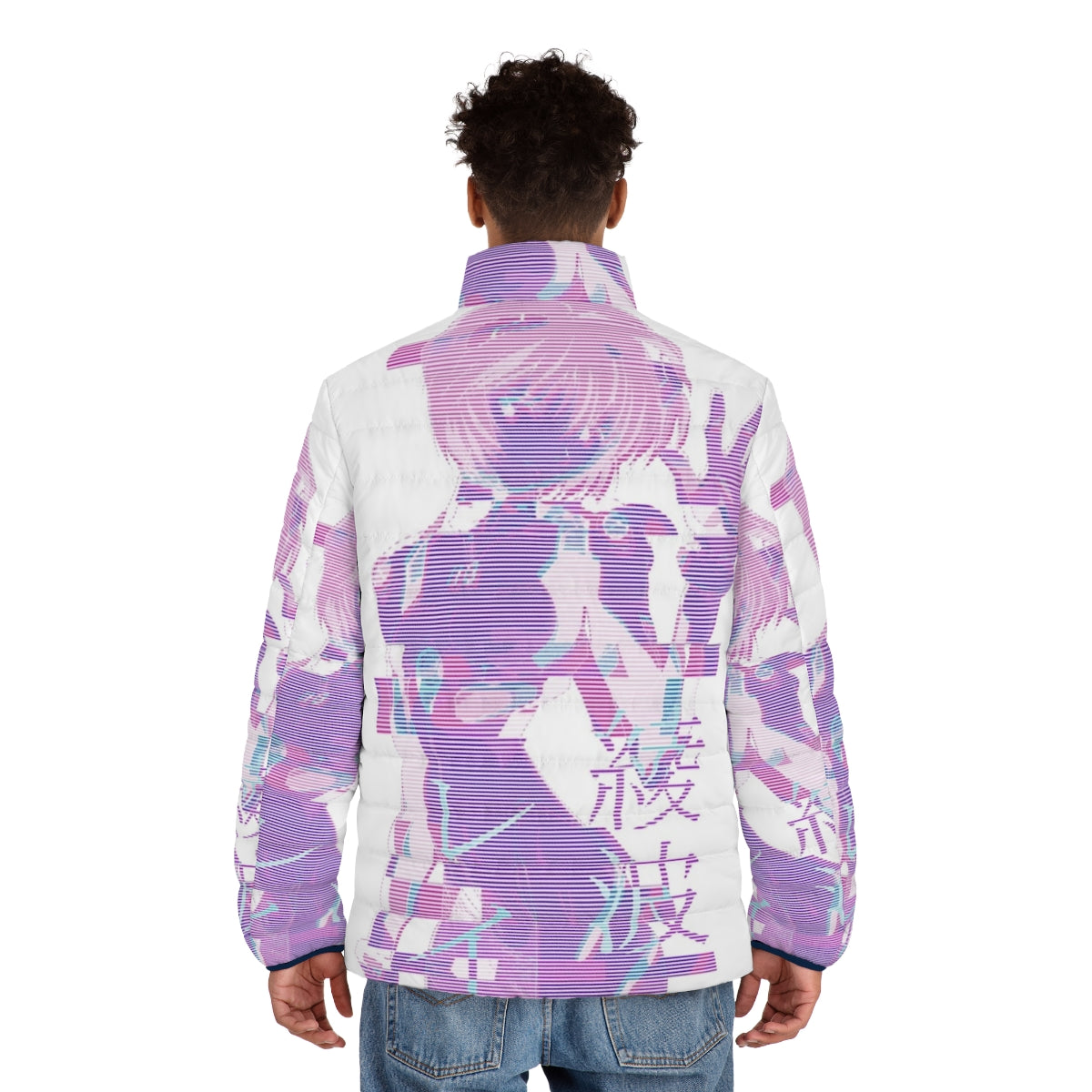 Rei Ayanami inspired EVA puffer jacket with vaporwave aesthetic design - men back