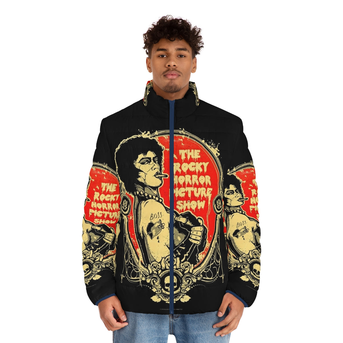 Rocky Horror Picture Show themed puffer jacket with bold graphic design - men front