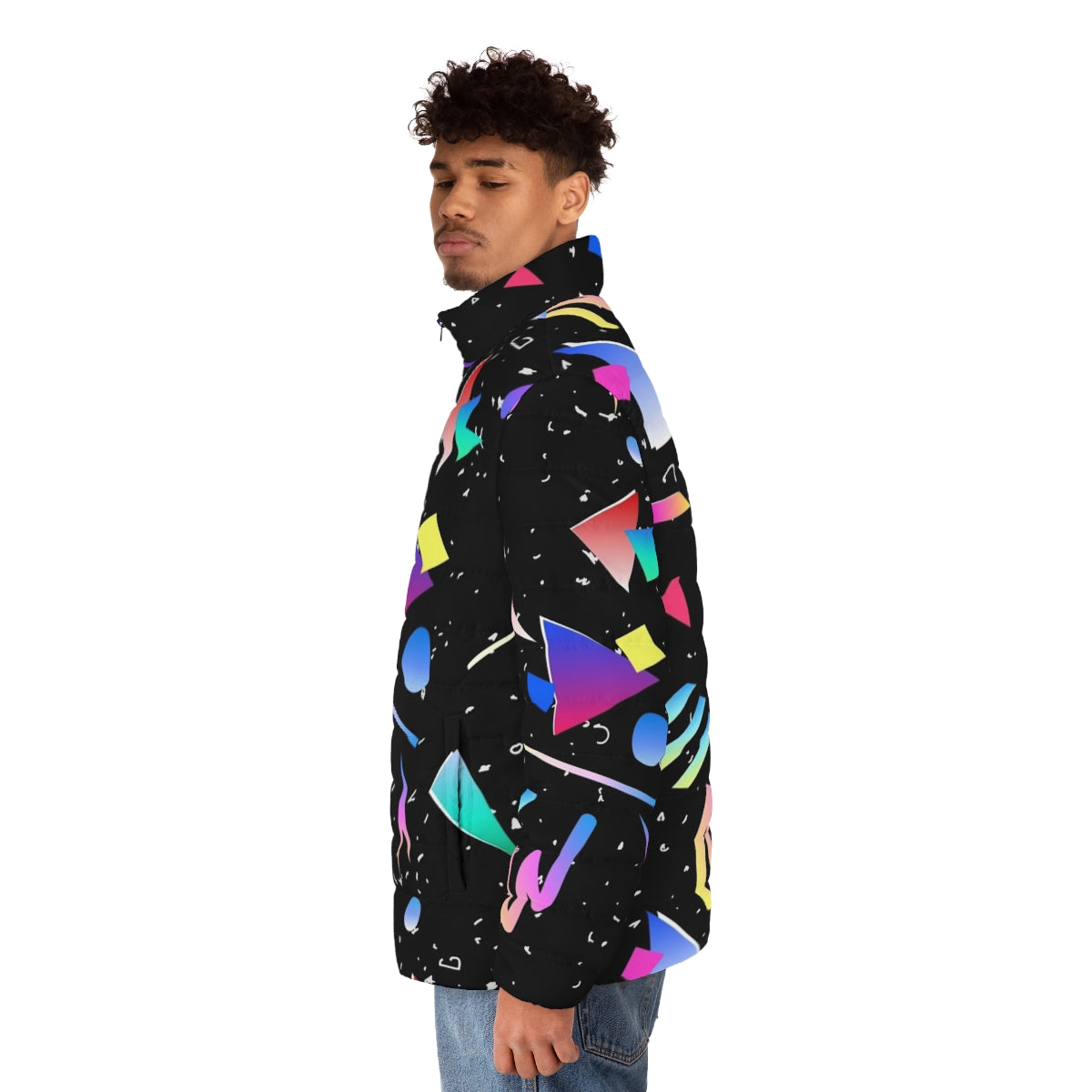 Black puffer jacket with abstract 90s 80s retro pattern - men side left