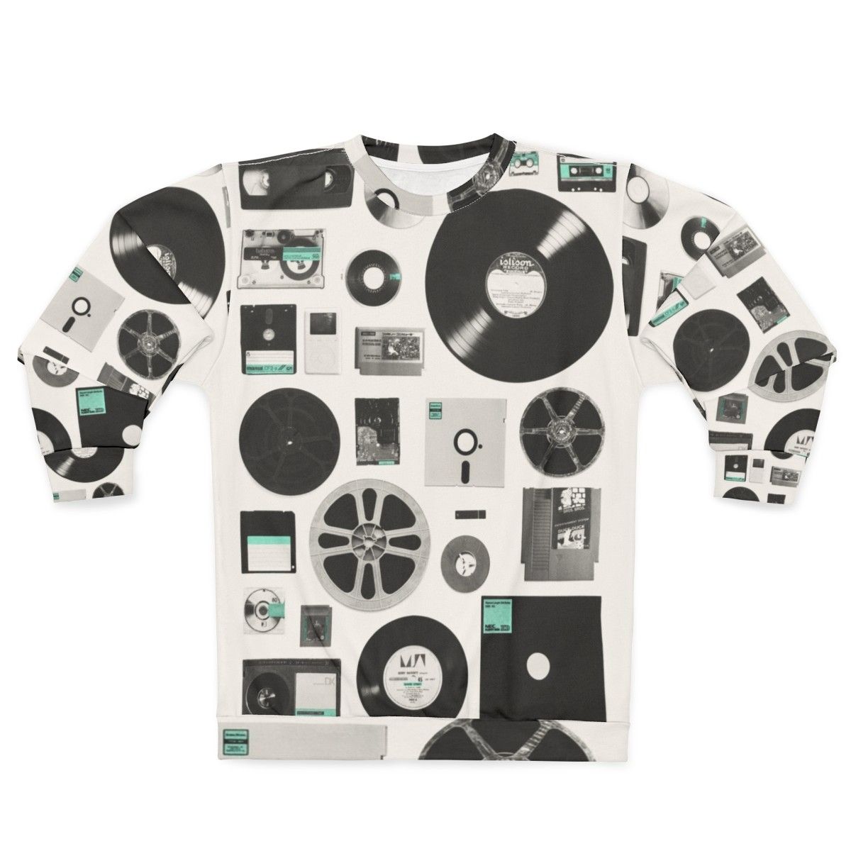 Data Sweatshirt featuring a minimalist design of vintage computer and audio media