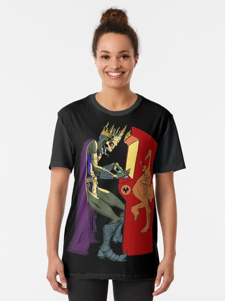 "Ready Player One" graphic t-shirt featuring characters Parzival, Art3mis, Aech, and the Oasis from the sci-fi/gaming movie and book. - Women