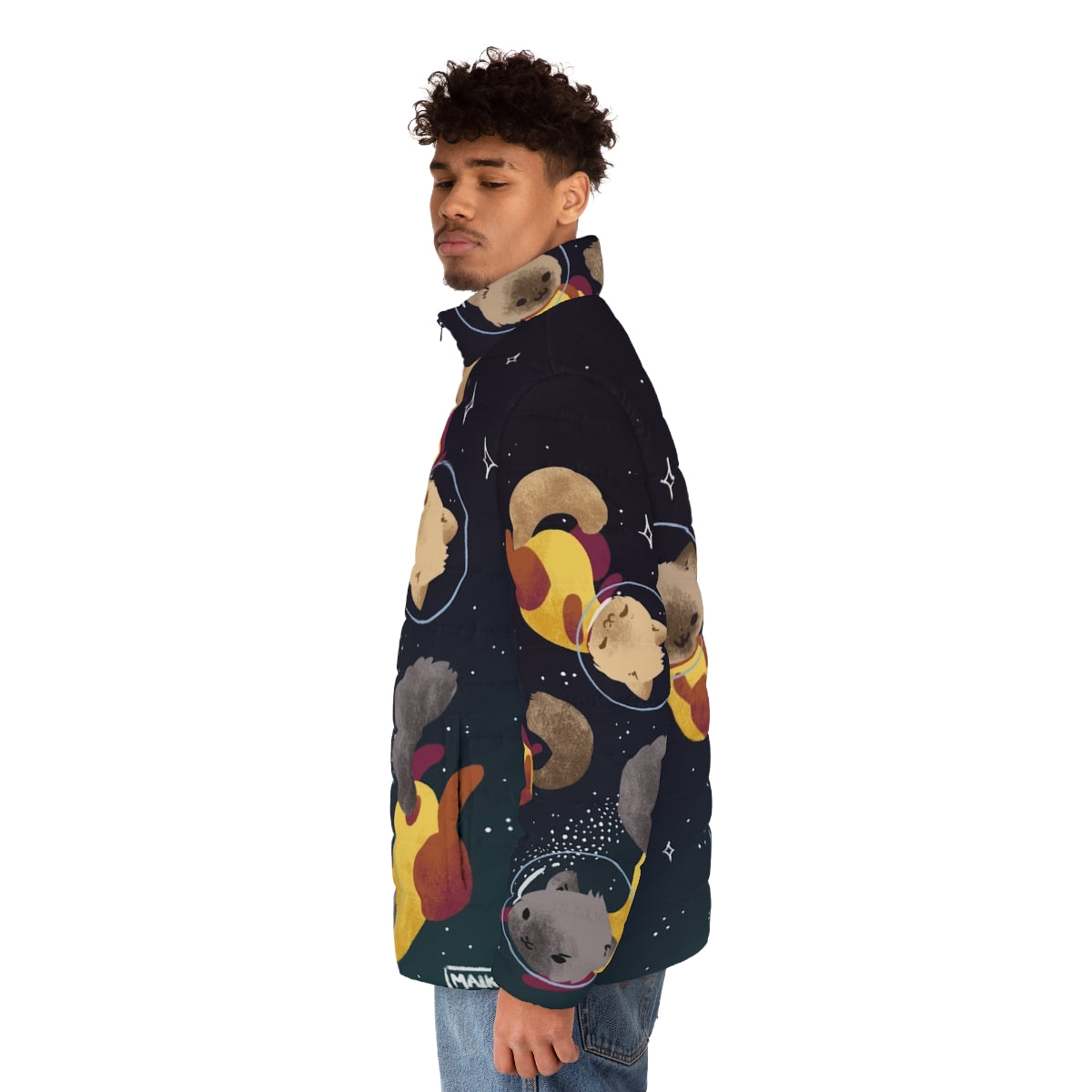 Space Cats Puffer Jacket featuring a digital illustration of adorable cats in a cosmic setting - men side left