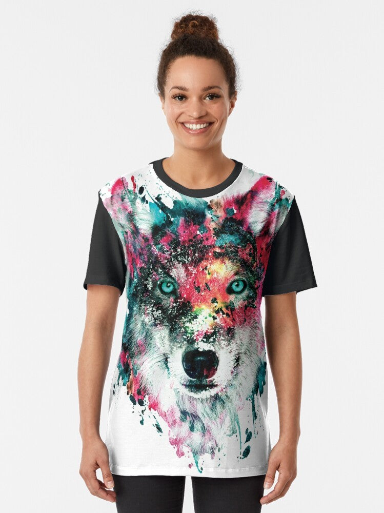 Vibrant and abstract watercolor wolf face graphic t-shirt design - Women