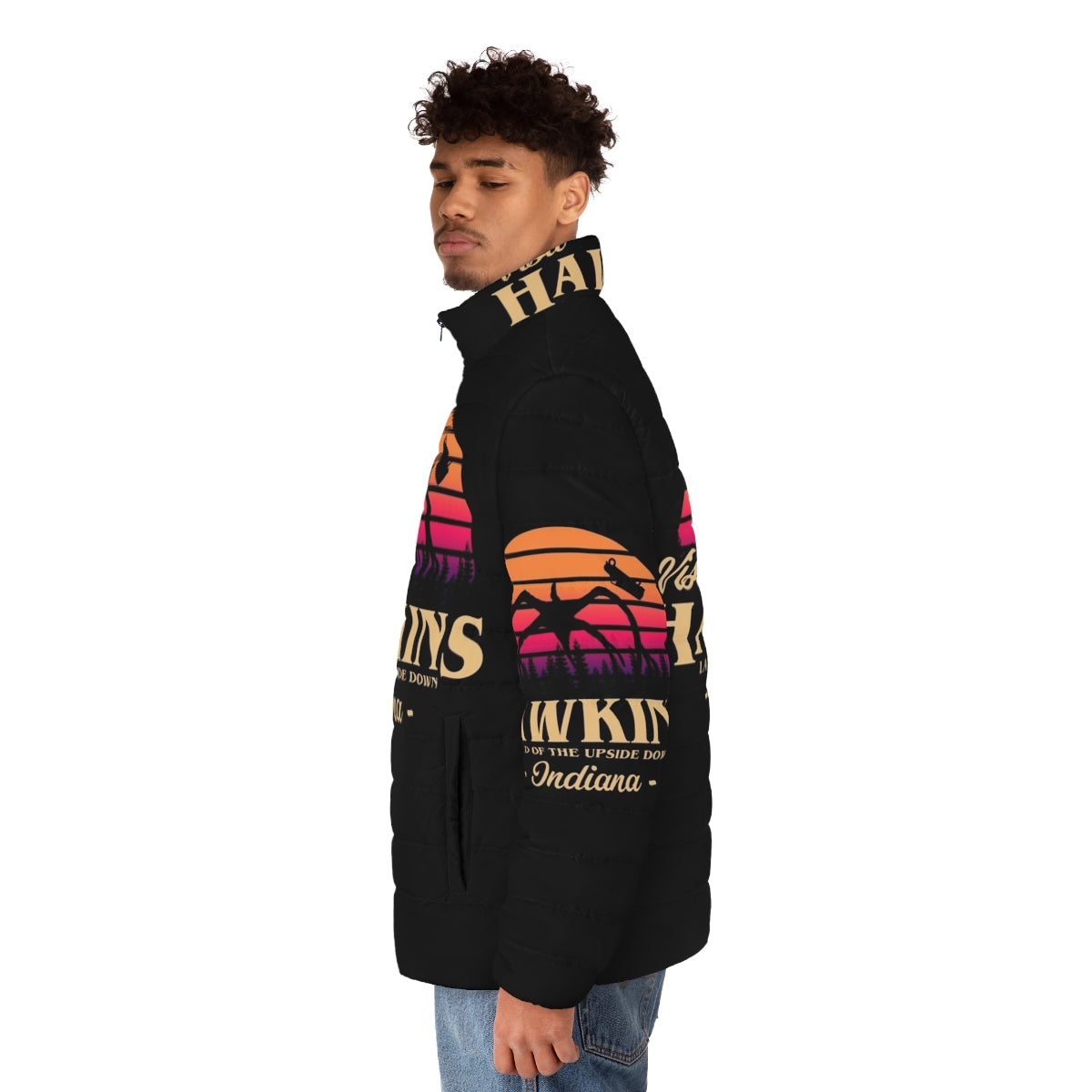 Retro Hawkins Puffer Jacket with Stranger Things inspired design - men side left