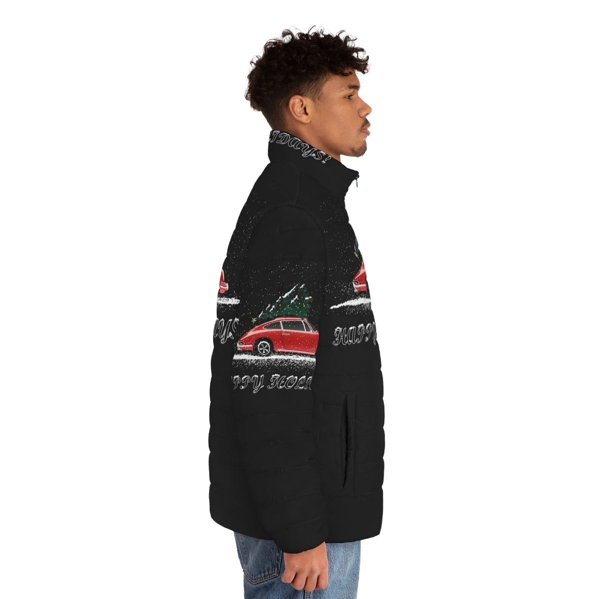 Stylish Porsche 911 puffer jacket with snowy winter and holiday imagery - men side right