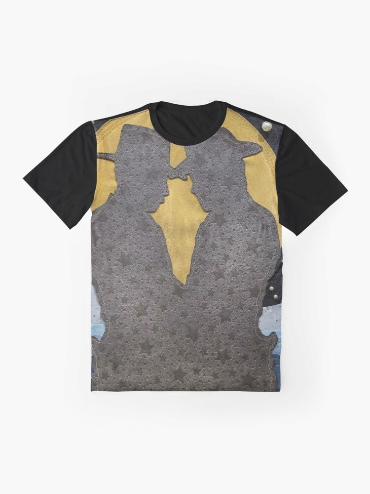 Graphic t-shirt featuring desert, ocean, and stars design for cowboys and queer lovers - Flat lay