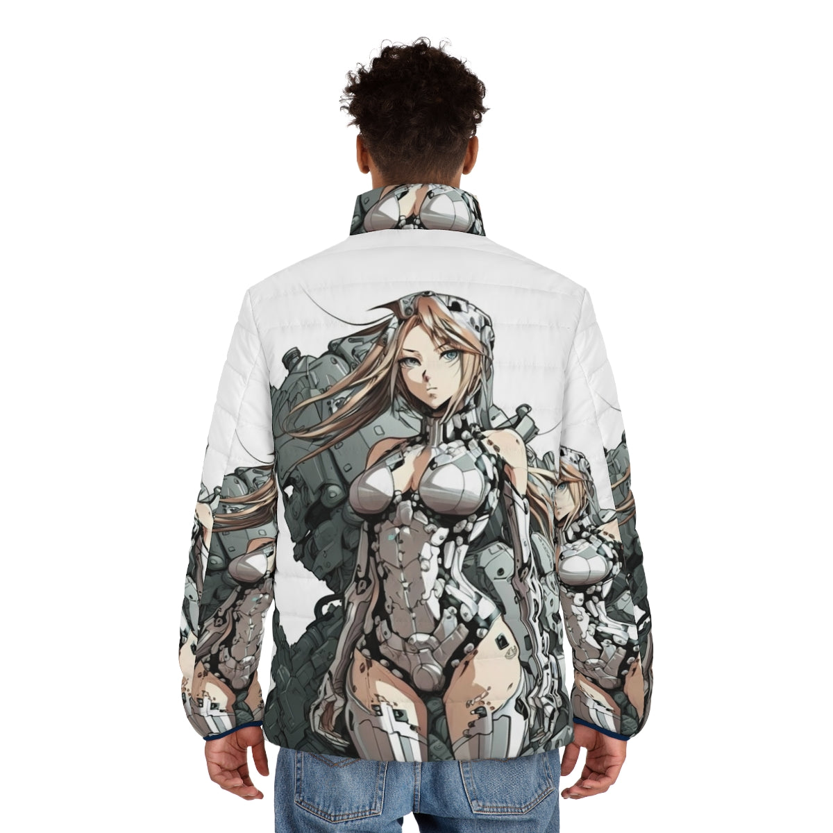 Armored anime girl wearing a stylish puffer jacket - men back