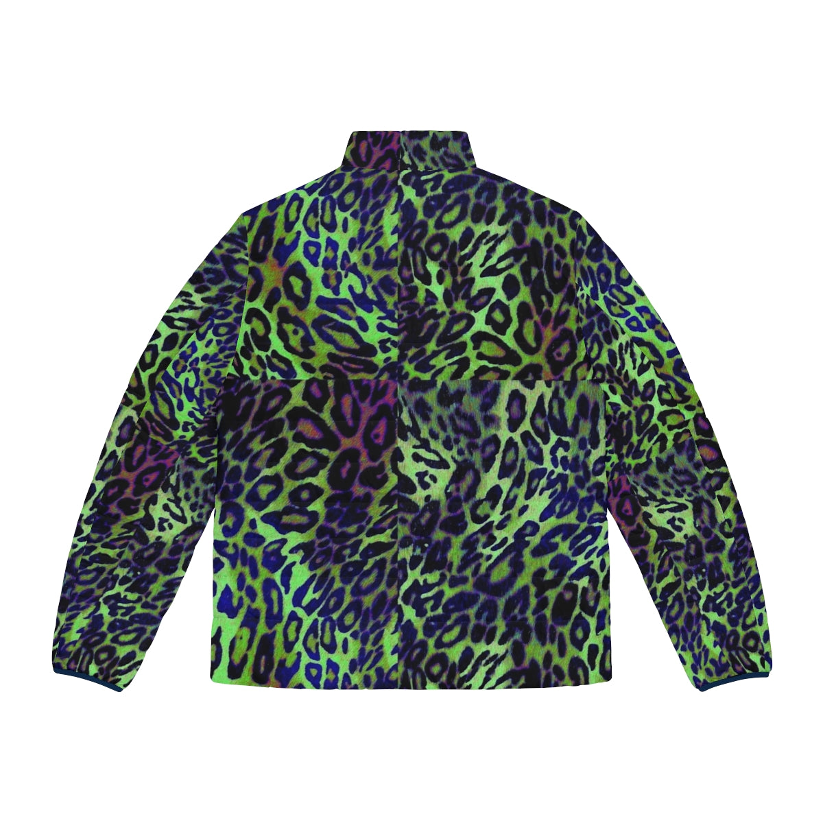 Colorful leopard skin pattern puffer jacket in shades of green and blue - Back