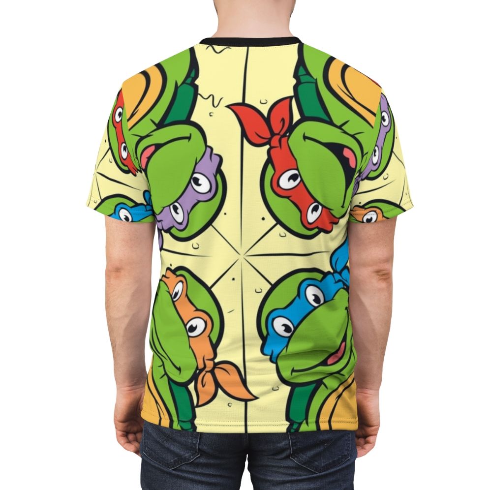 Retro-style t-shirt featuring a pizza-themed design inspired by the classic Teenage Mutant Ninja Turtles cartoon - men back