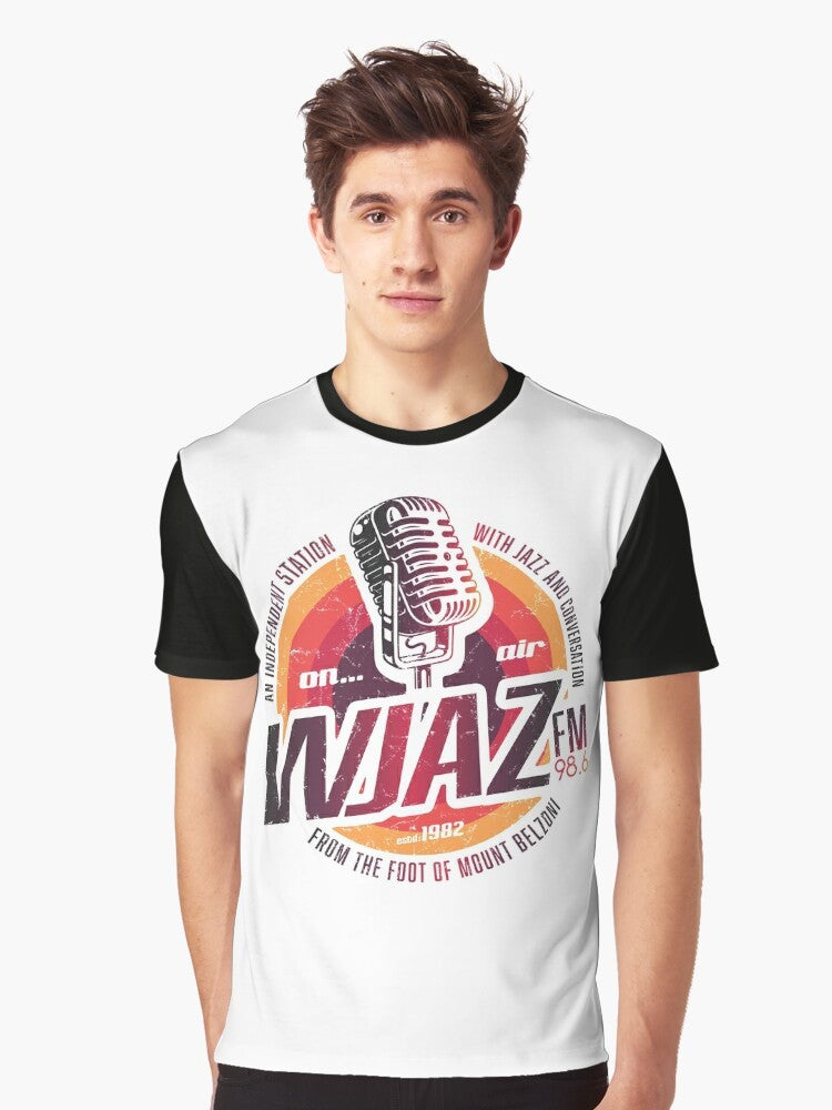 Vintage radio design graphic t-shirt with WJAZ logo for 70s music fans - Men