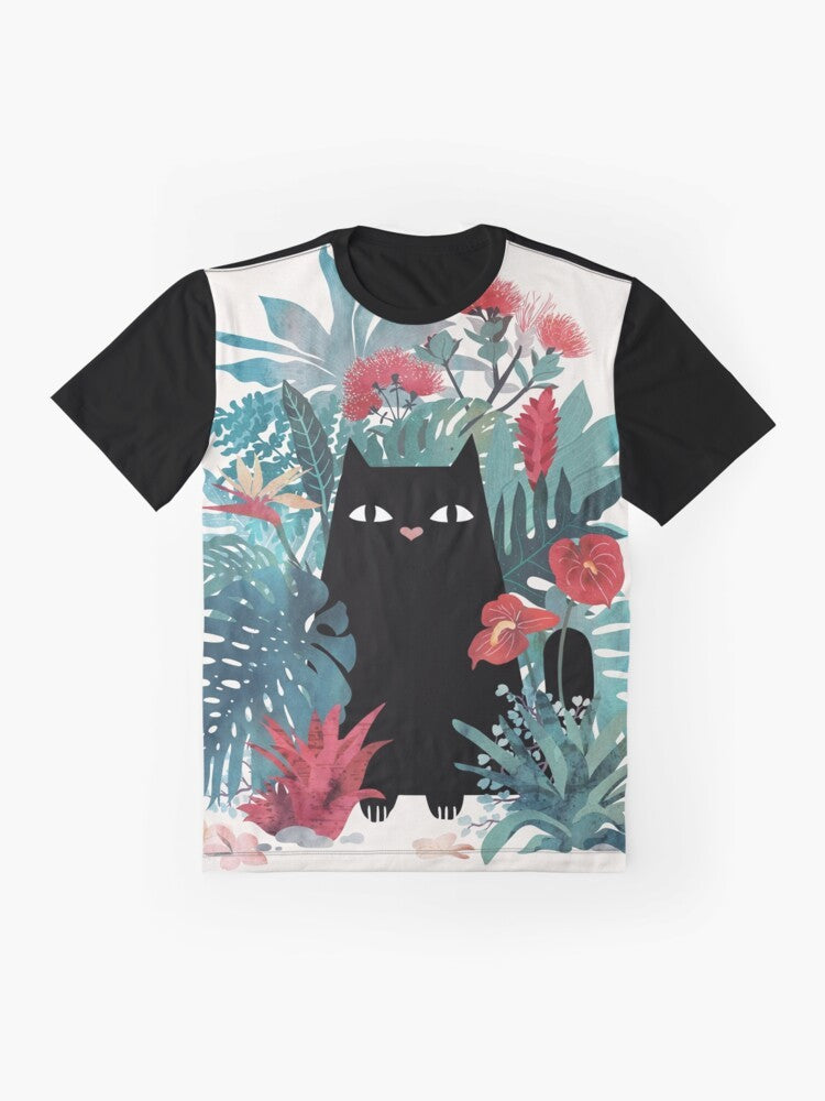 Tropical black cat graphic t-shirt with floral and tropical elements - Flat lay