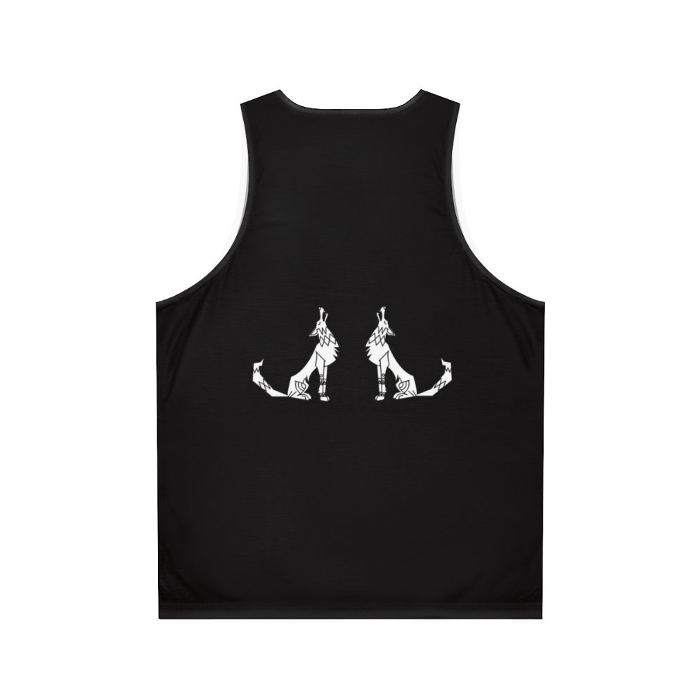 Wolves howling in a forest graphic on a unisex tank top - Back