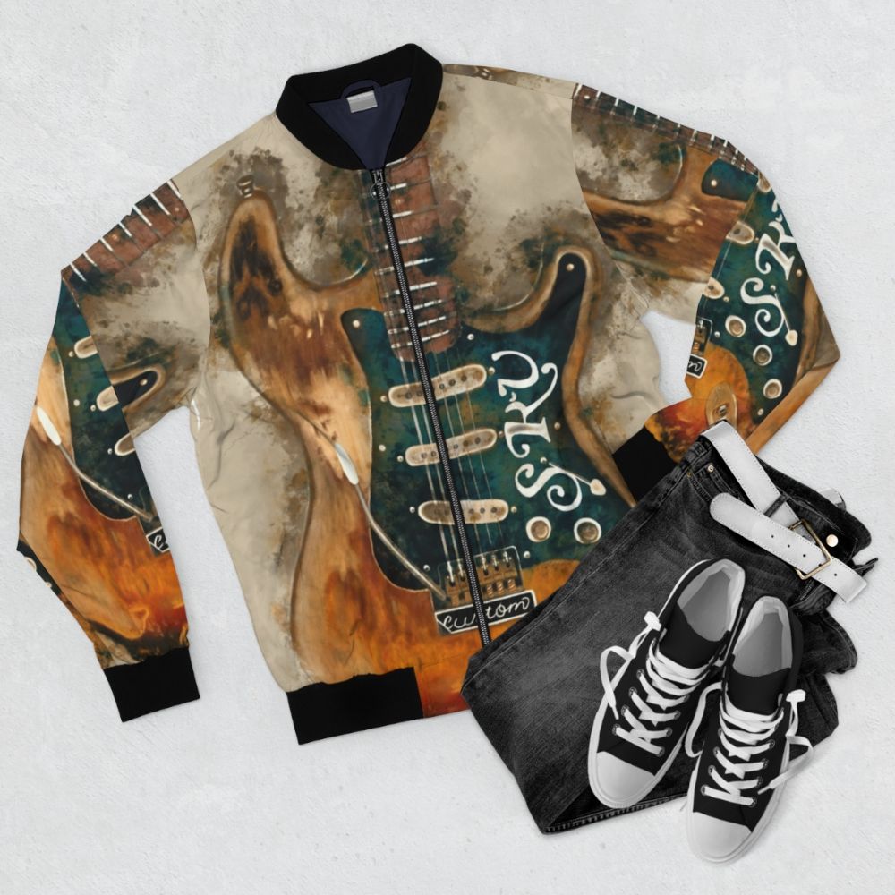 Stevie Ray Vaughan Electric Guitar Bomber Jacket - Flat lay