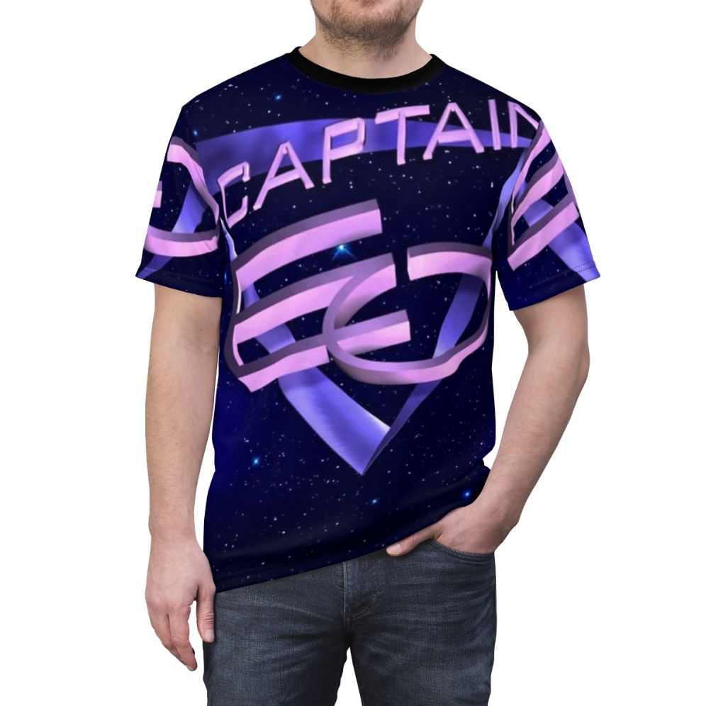 Retro 1980s sci-fi themed t-shirt with space and music elements - men front