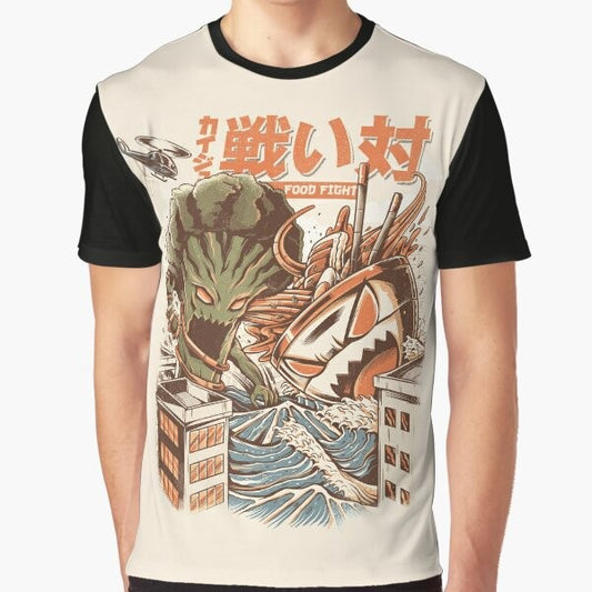 Anime-inspired graphic t-shirt featuring a fight between a ramen kaiju and broccoli monster