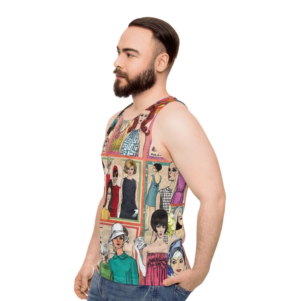 Retro 1960s fashion unisex tank top with collage design - men side