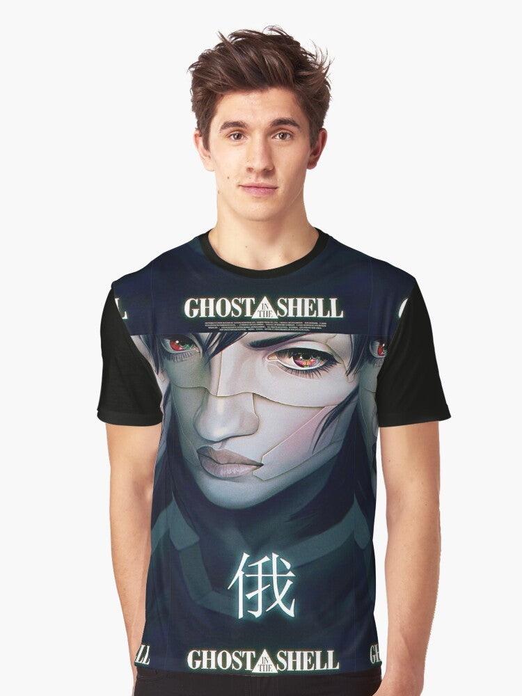 Retro Ghost in the Shell anime-inspired graphic t-shirt featuring cyberpunk mecha, robot, and surrealism design elements - Men