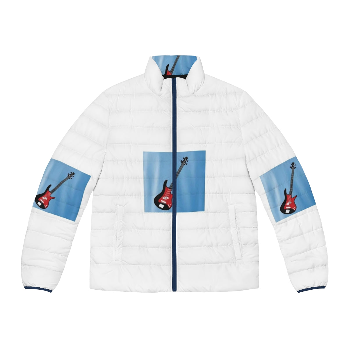 A puffer jacket with a musical design, featuring a guitar and notes, perfect for music enthusiasts.