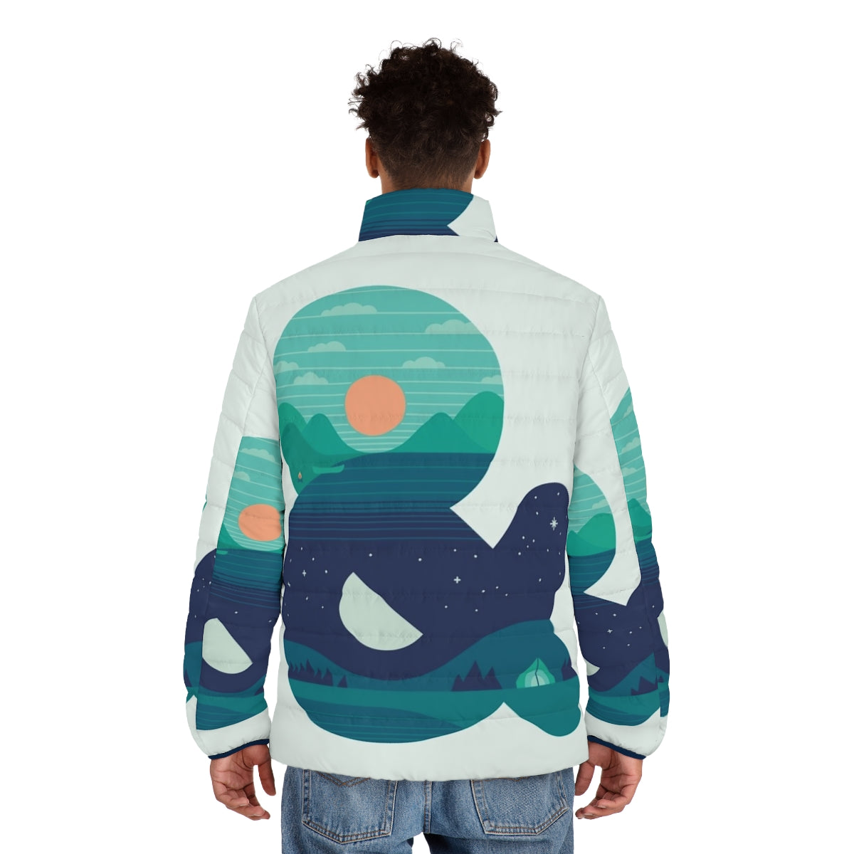 Day Night Puffer Jacket featuring minimalist graphic design by The Paper Crane - men back