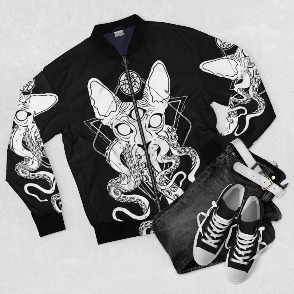 CATHULHU - the cosmic tentacle cat Bomber Jacket with a lovecraft-inspired design - Flat lay