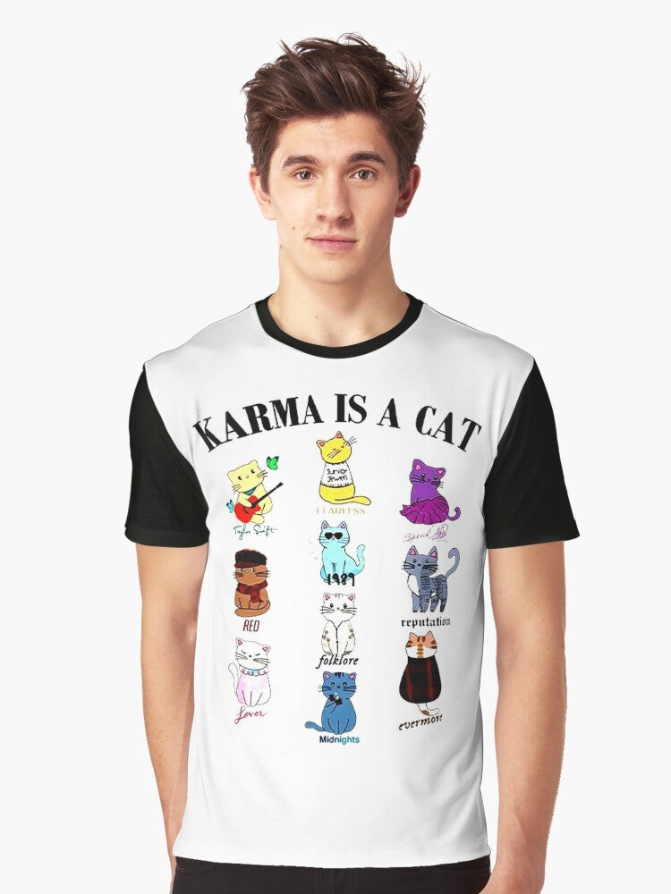 "Karma Is a Cat graphic t-shirt with a cute cat design" - Men