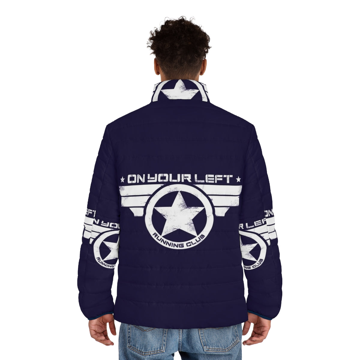 Captain America inspired puffer jacket with distressed "On Your Left Running Club" print - men back