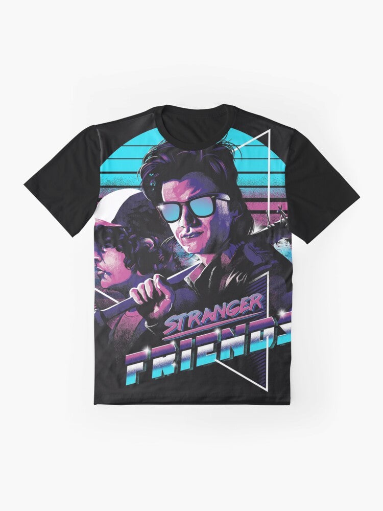 Stranger Things Steve Harrington and Dustin graphic t-shirt with retro 80s style - Flat lay