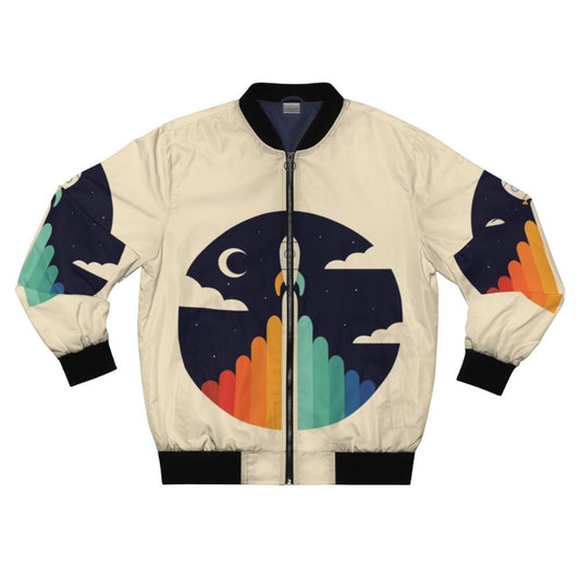 Up bomber jacket featuring a graphic of a rocket, moon, and clouds