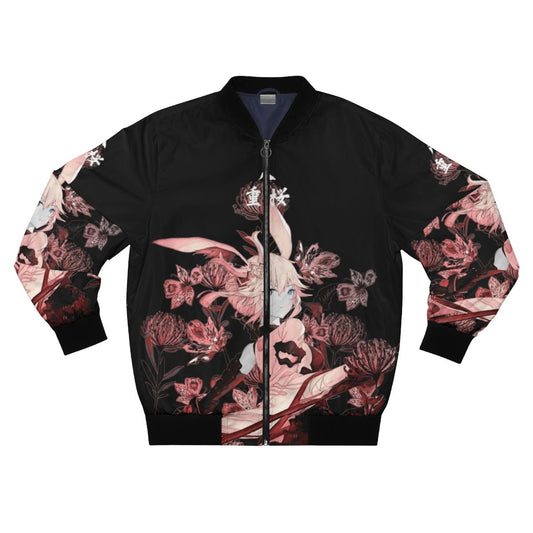 Yae Sakura inspired samurai bomber jacket with higanbana flowers and Japanese hieroglyphs