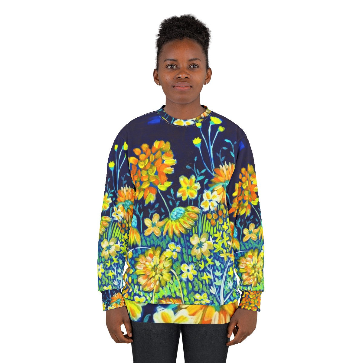 Vibrant spring night floral sweatshirt with indigo blue and yellow daisies - women