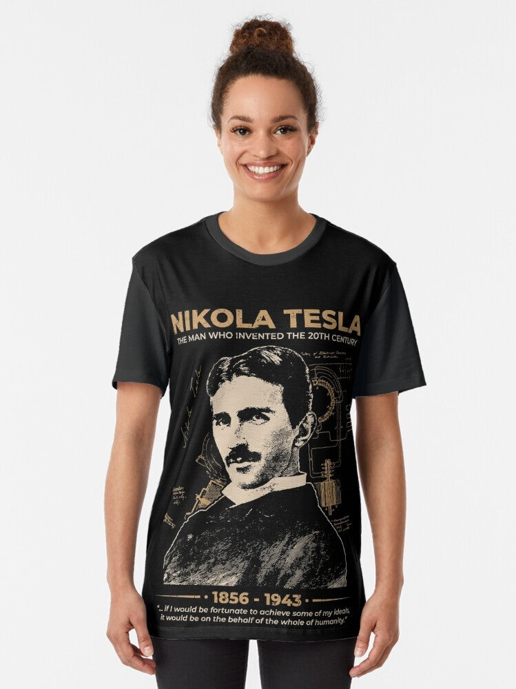 Nikola Tesla graphic t-shirt featuring a stylish pop art design with the inventor's name and a science-inspired quote. - Women